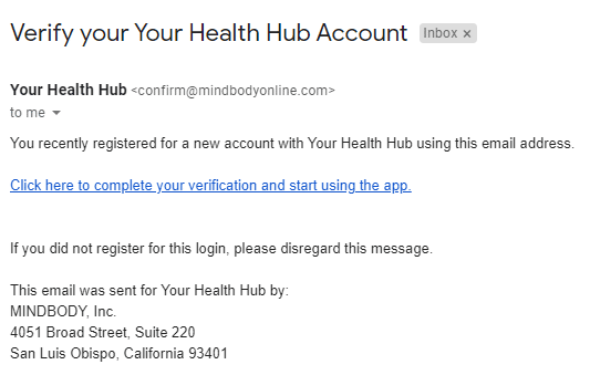 Verification Email from Your Health Hub app