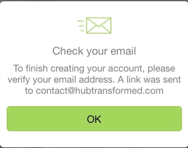 Your Health Hub app sending a verification email